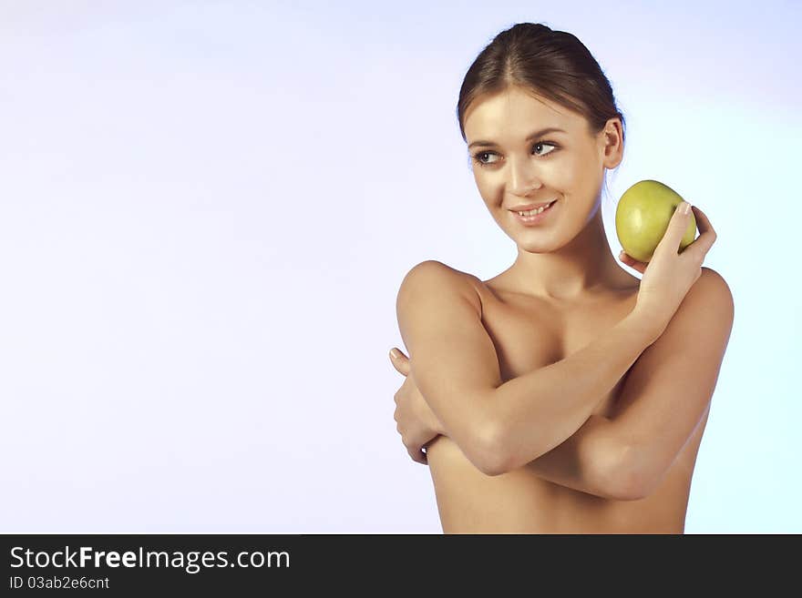 Topless Smiling Beautiful Young Woman With Apple