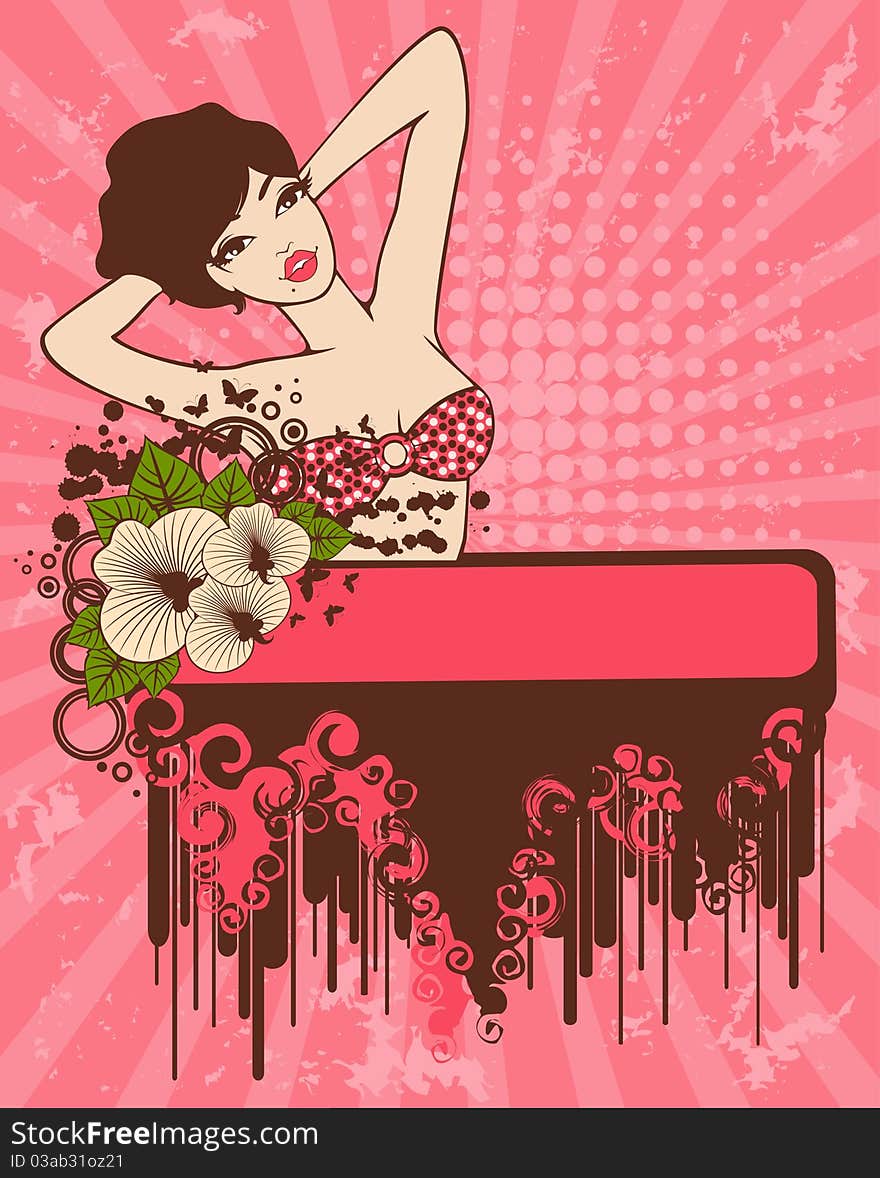 Beautiful girl with tropical flowers on an abstract background.