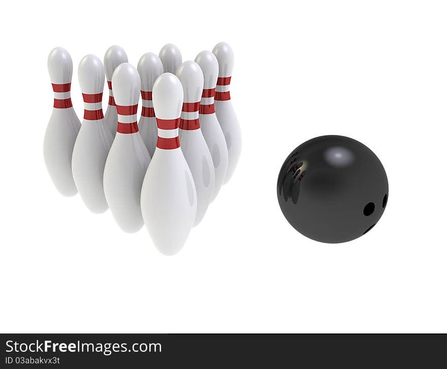 Sphere and skittles for game in bowling on a white background