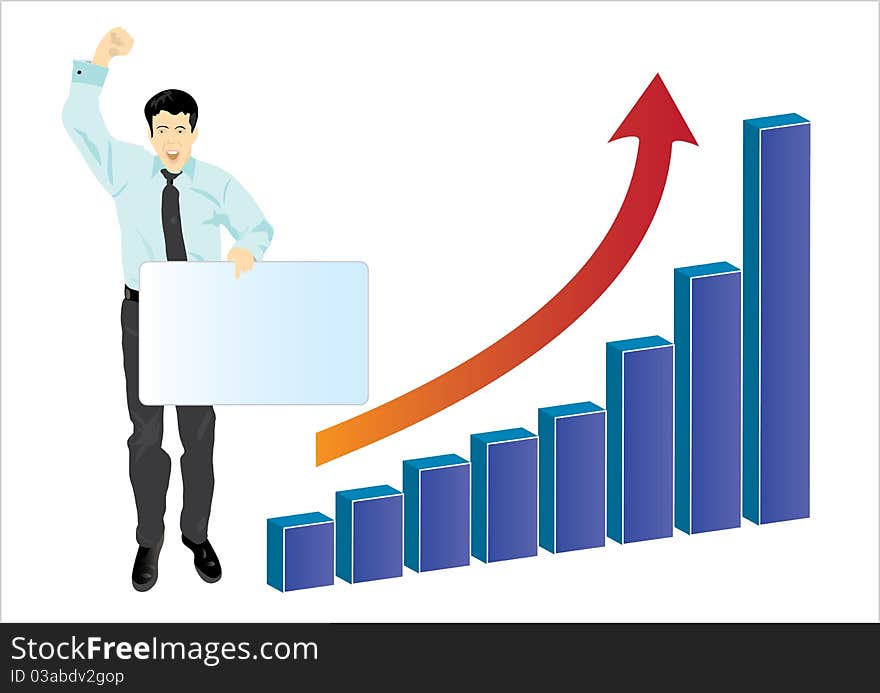 Businessman celebrating his success. The graph shows an upward trend. Businessman celebrating his success. The graph shows an upward trend