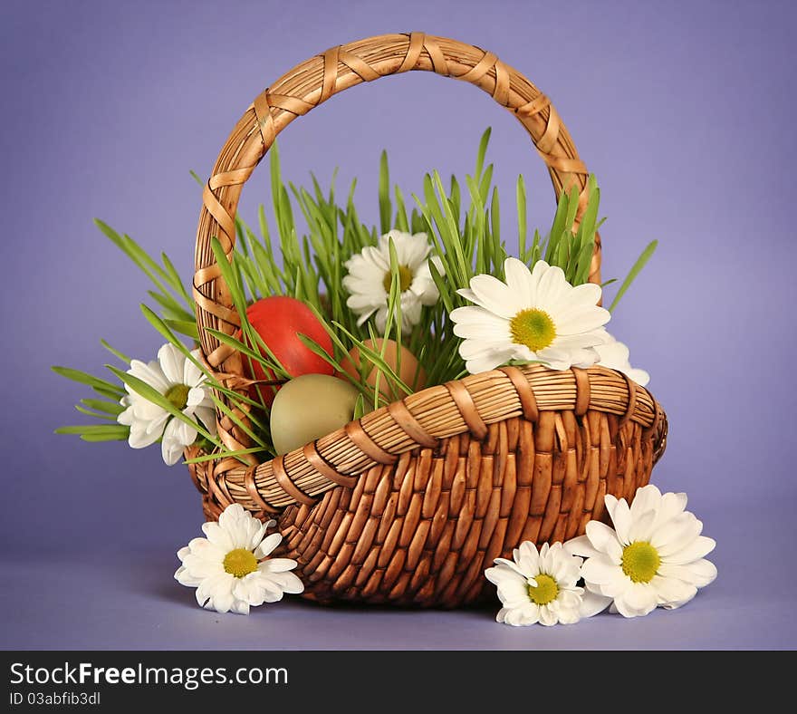 Basket with flowers on blue background. Basket with flowers on blue background