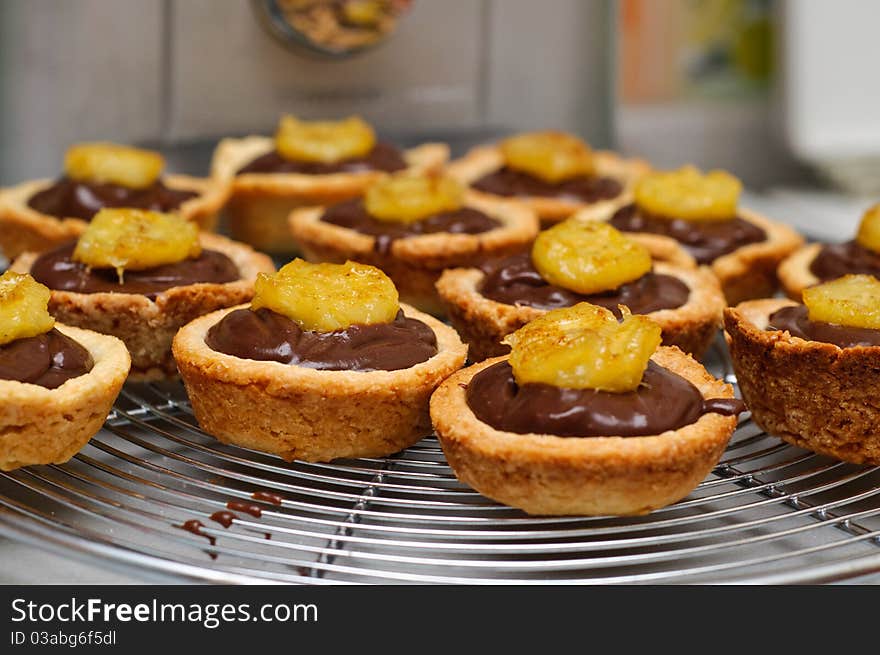 Dark chocolate ganache and banana tarts