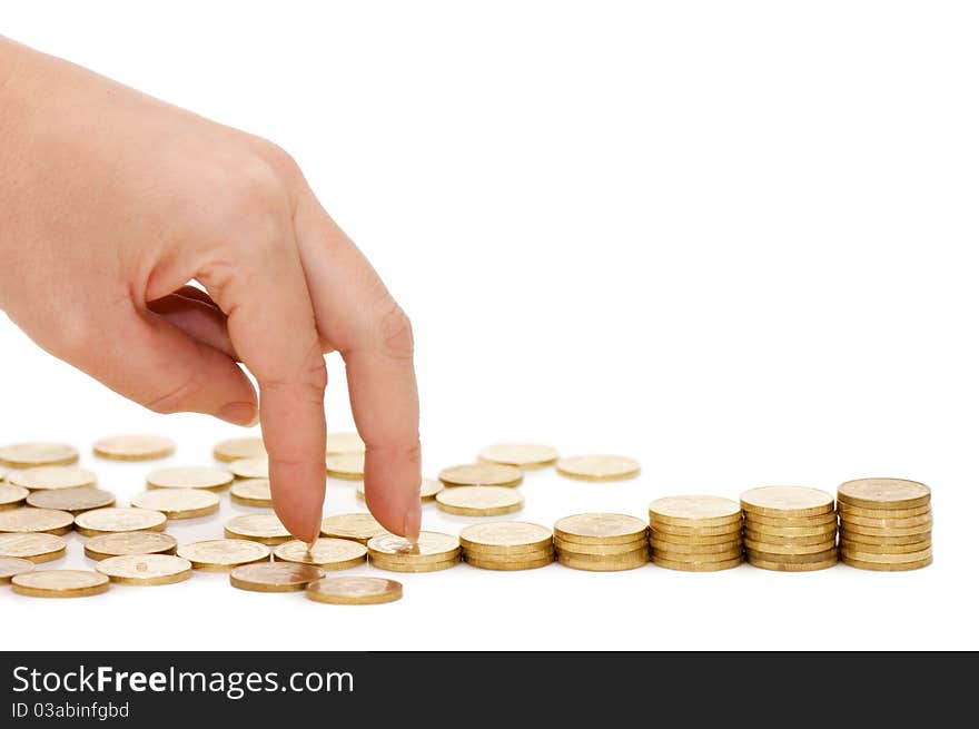 Hands with coins isolated on white background