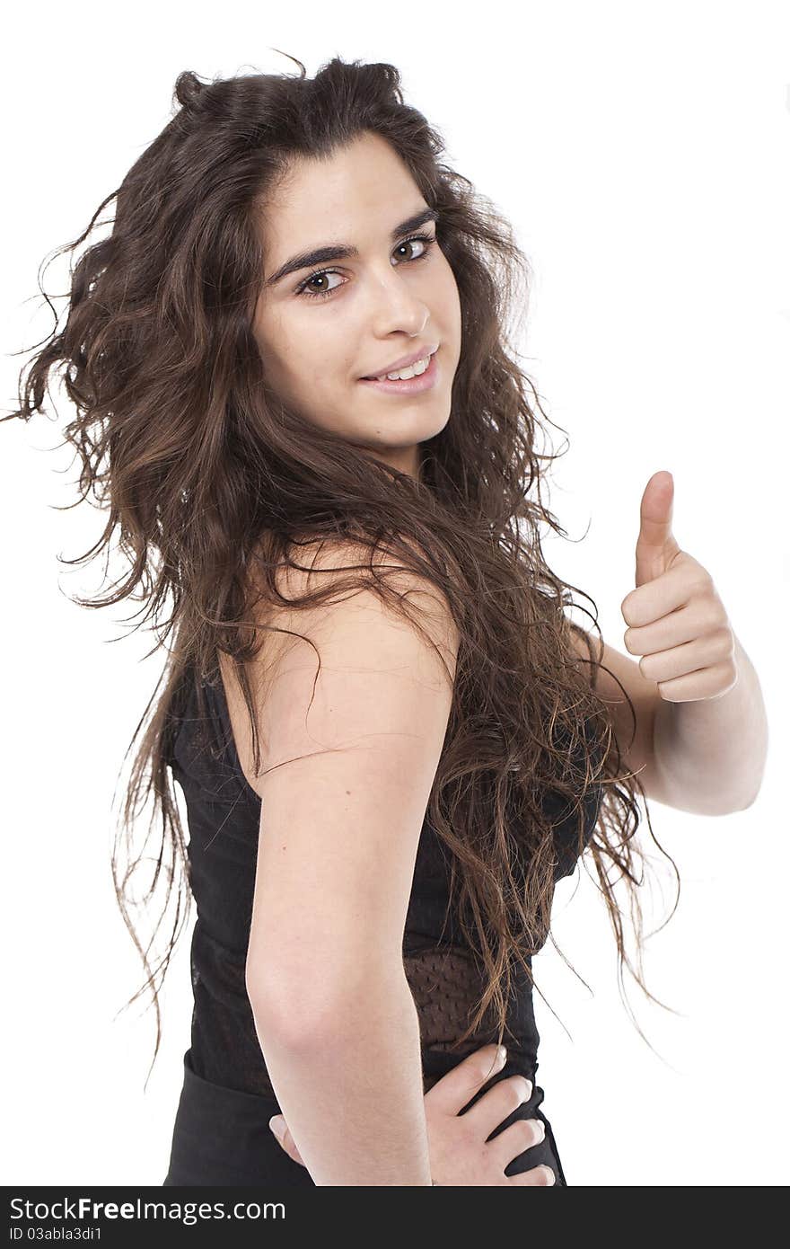 Beautiful woman with long and curty hair making ok sign. Beautiful woman with long and curty hair making ok sign