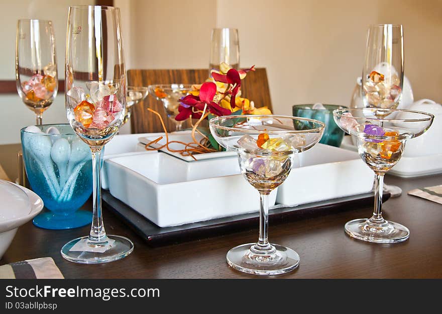 Set of glassware on the table in still life style. Set of glassware on the table in still life style