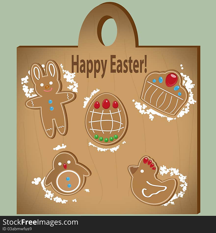 Gingerbread Easter symbols on a board with flour. Gingerbread Easter symbols on a board with flour