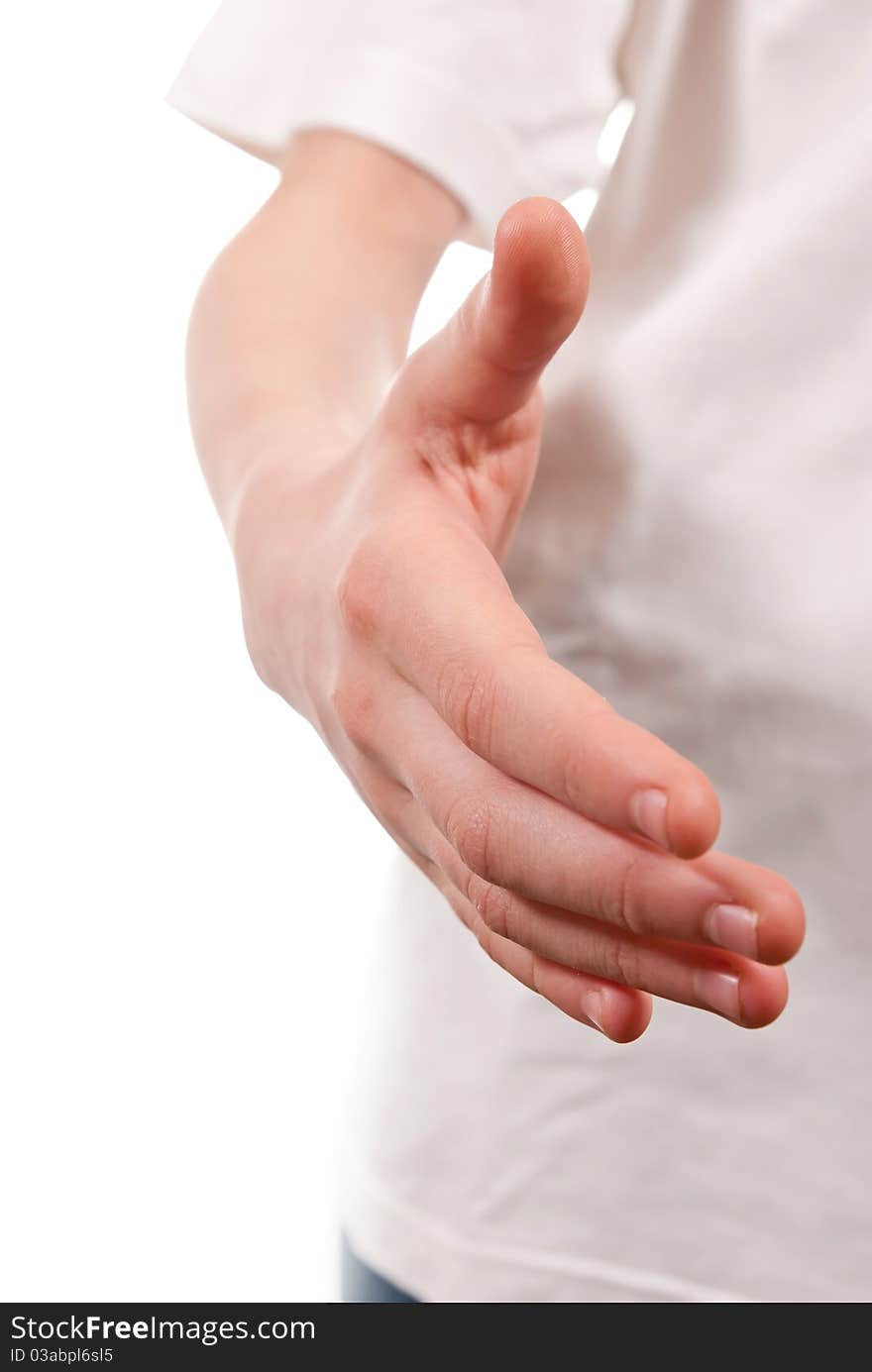 Stretched boy's hand isolated on white background