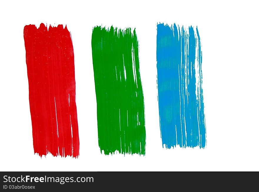 Red, green and blue brush patterns on a white