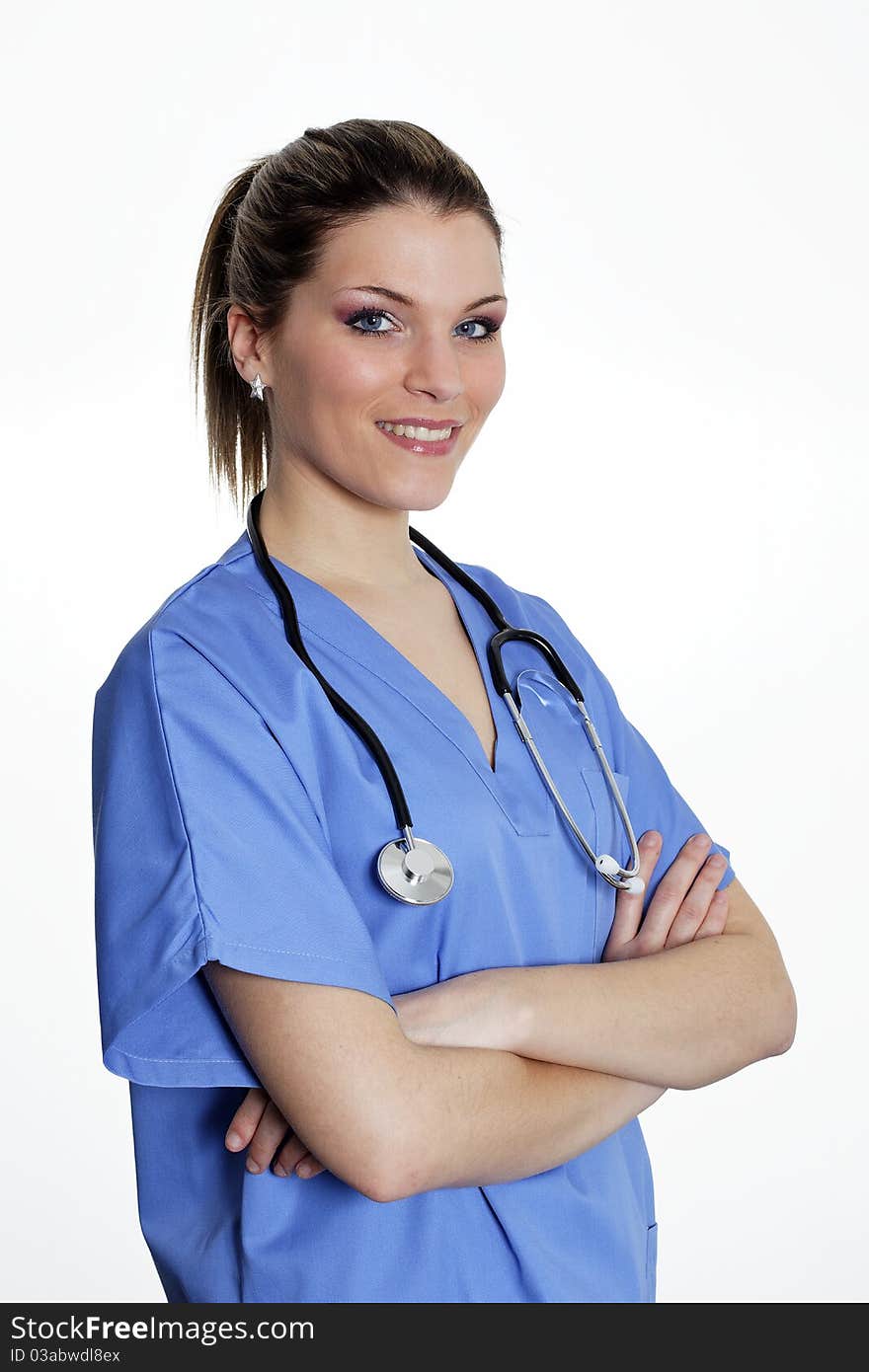 Isolated blond nurse with stethoscope. Isolated blond nurse with stethoscope