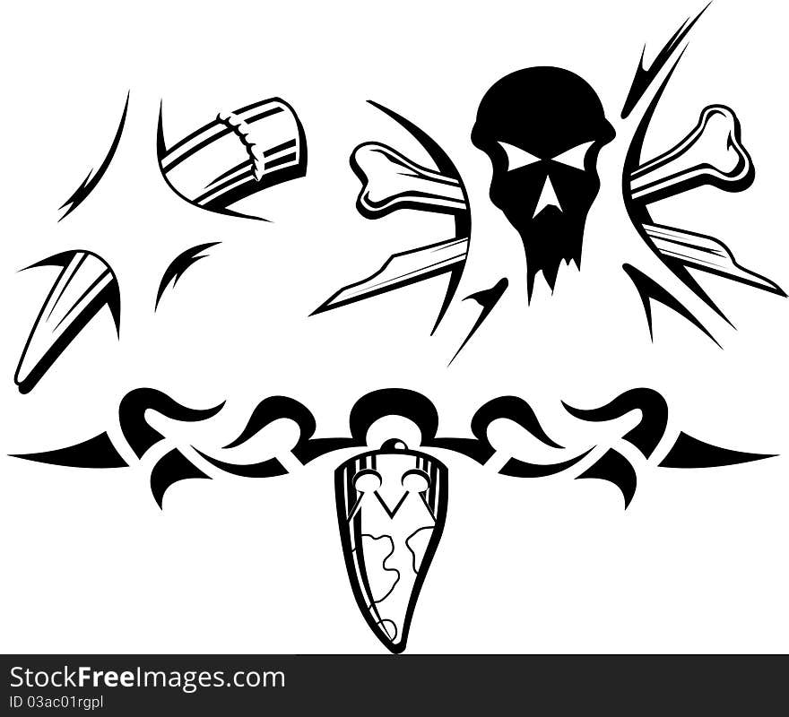 Abstract symbols with crossbones and fangs in format. Black and white. Abstract symbols with crossbones and fangs in format. Black and white.