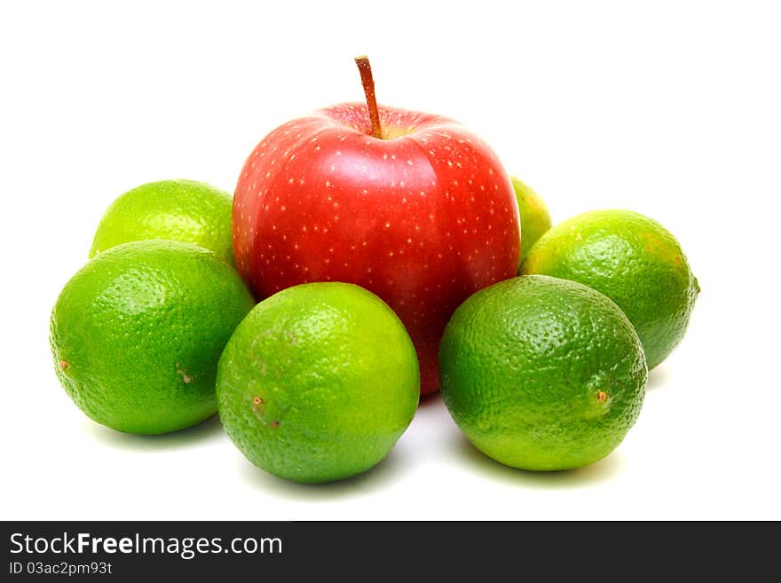 Laime and red apple isolated on white background