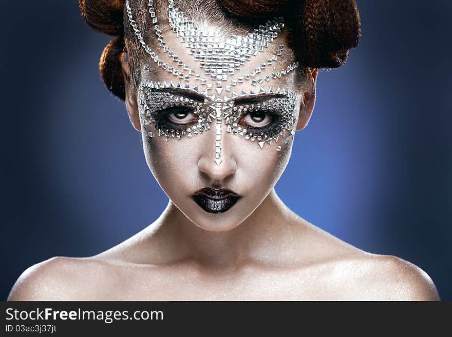 Beauty Woman Makeup With Crystals On Face