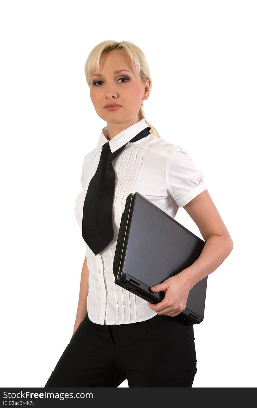 Blonde girl with a laptop isolated on a white background. Blonde girl with a laptop isolated on a white background.