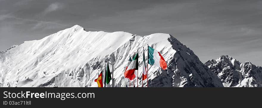 Flags in mountain with snow