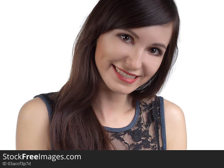 The smiling Beautiful girl close up on a white background