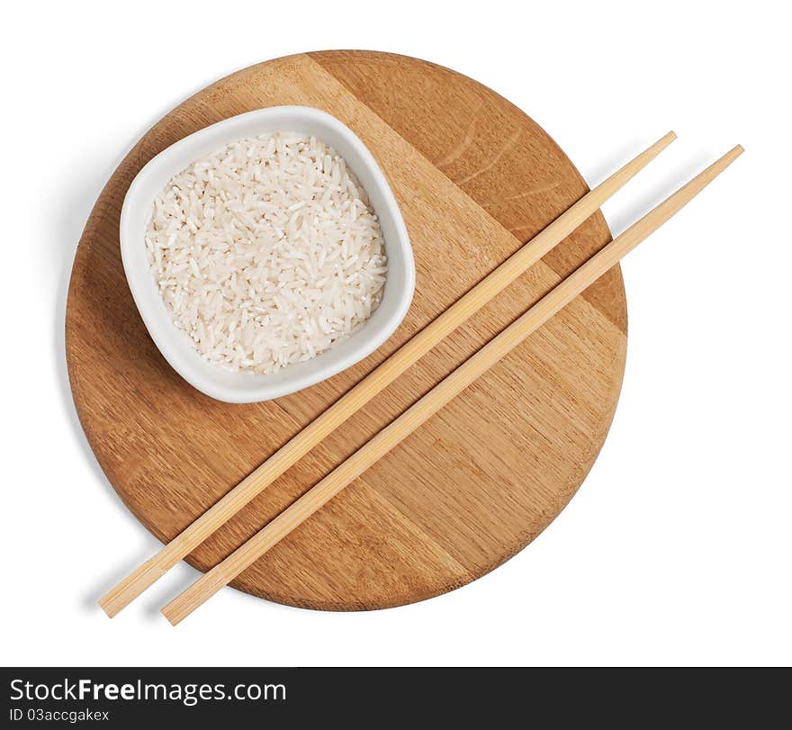 Chopsticks and rise, isolated on white