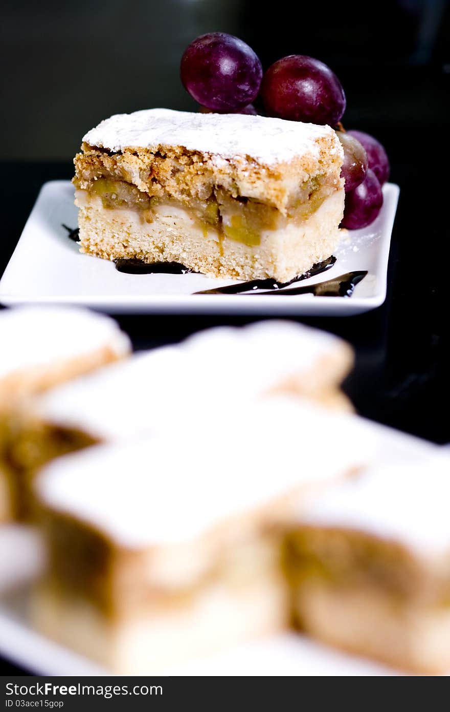 Apple cake served in a restaurant