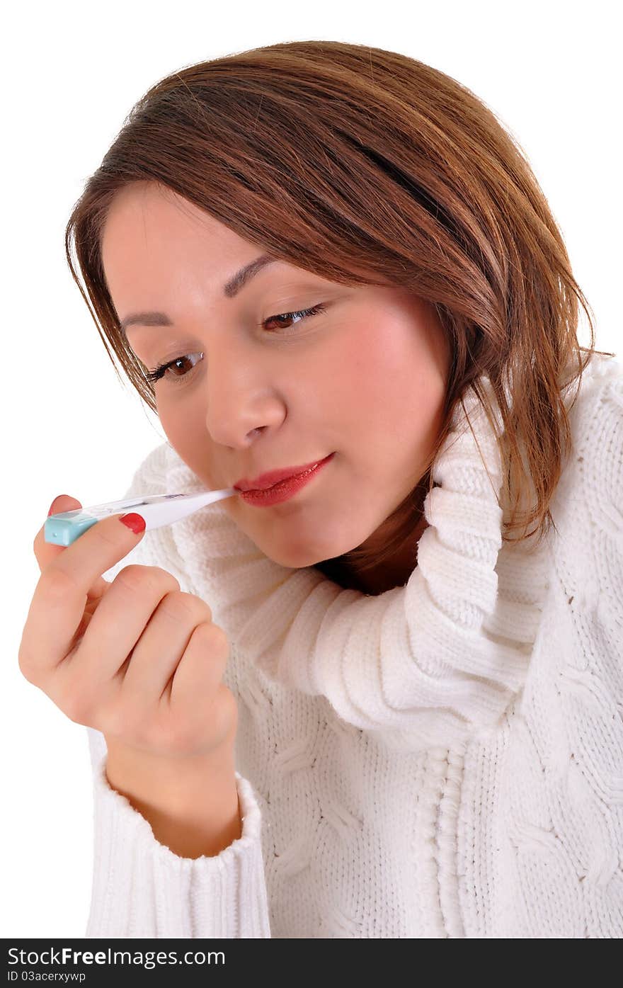 Sick woman holding thermometer isolated