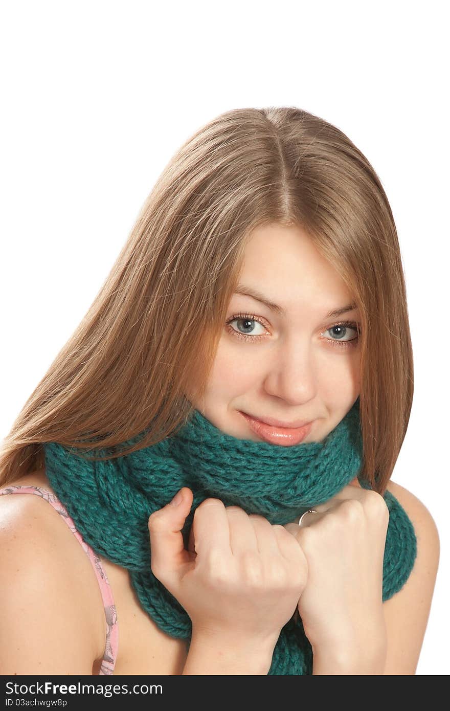 Young woman with scarf  on white background