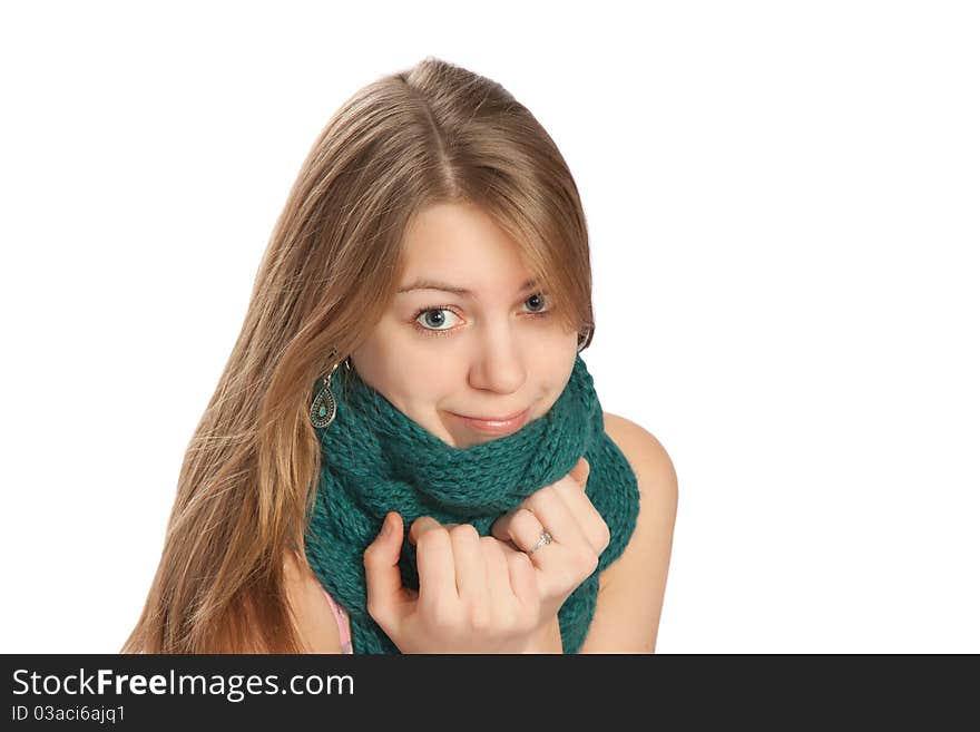 Woman in a scarf. Therapy hoarse throat. Woman in a scarf. Therapy hoarse throat.