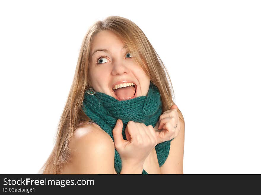 Woman in a scarf. Therapy hoarse throat. Woman in a scarf. Therapy hoarse throat.