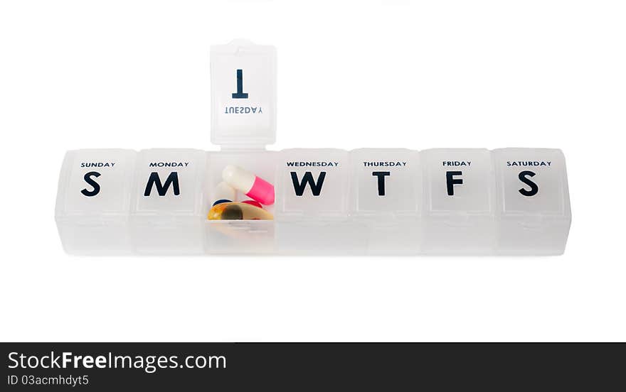 Weekly pill box with selection of medication. Weekly pill box with selection of medication