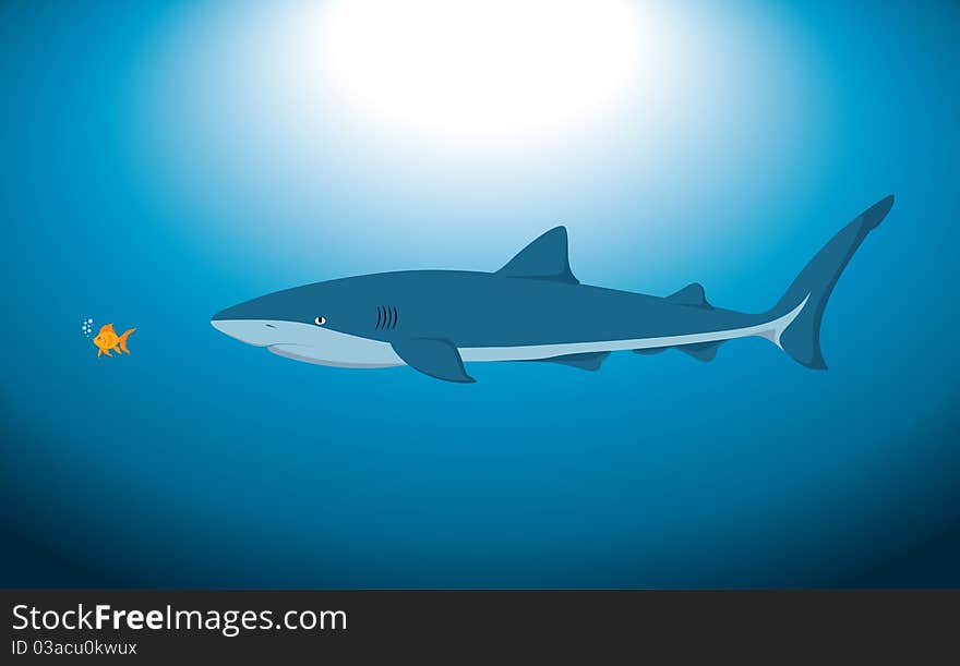 A big shark and a small fish underwater, in a illustration. A big shark and a small fish underwater, in a illustration.