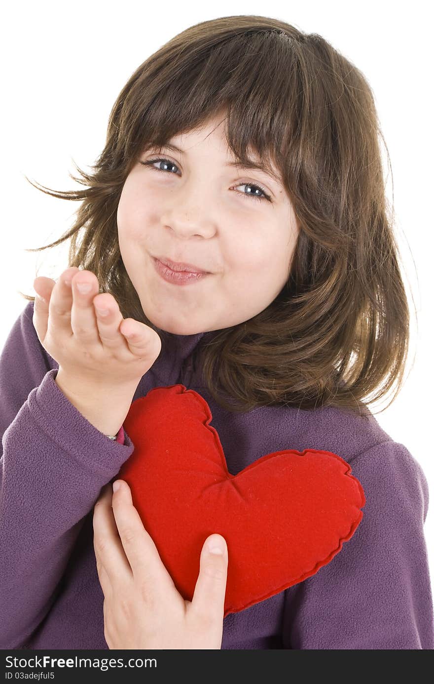 Little girl blows with an empty hand, isolated on white