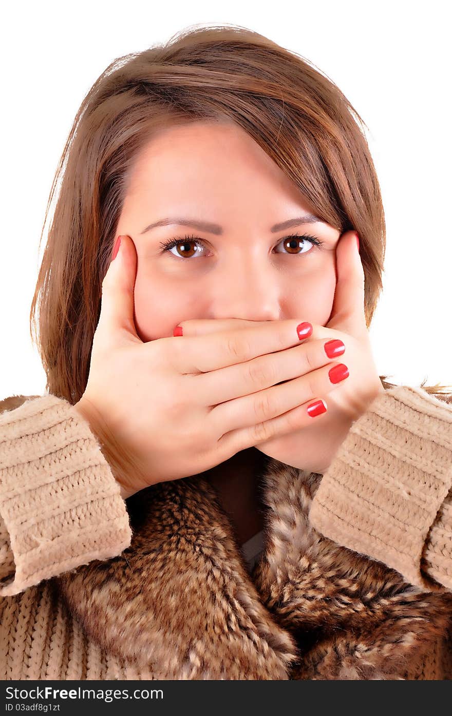 Young woman covering her mouth, isolated on white