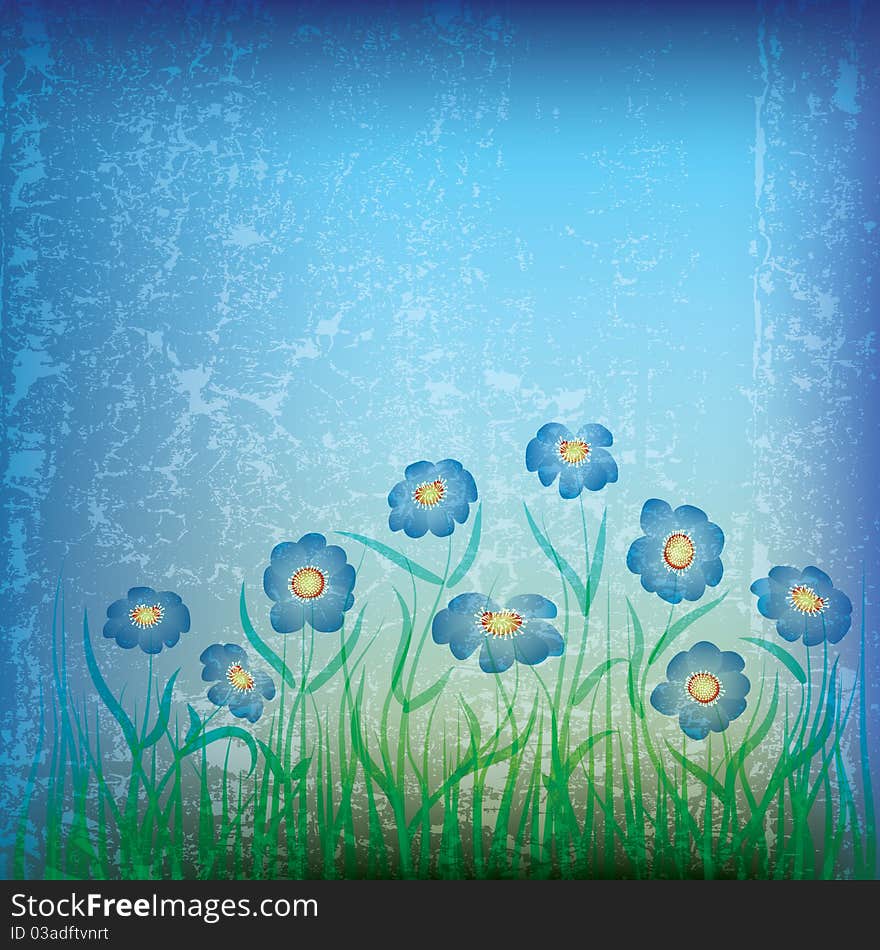 Abstract grunge background with flowers and grass on blue. Abstract grunge background with flowers and grass on blue