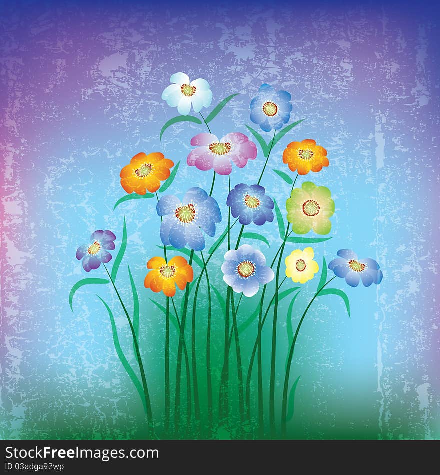 Abstract grunge illustration with color flowers and grass. Abstract grunge illustration with color flowers and grass