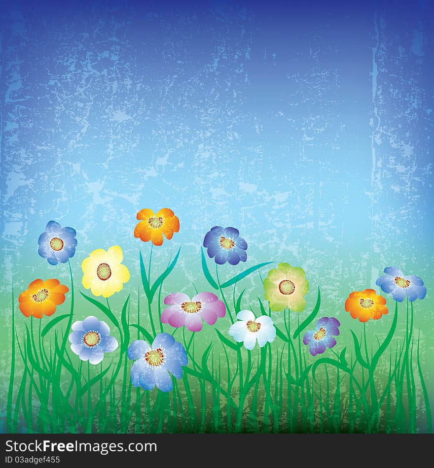 Abstract grunge illustration with flowers and grass on blue. Abstract grunge illustration with flowers and grass on blue