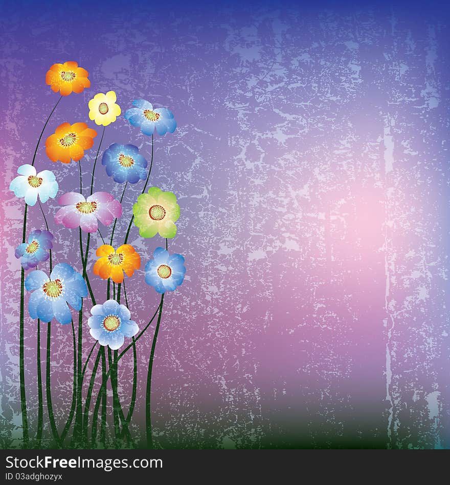 Abstract grunge illustration with flowers and grass on pink. Abstract grunge illustration with flowers and grass on pink