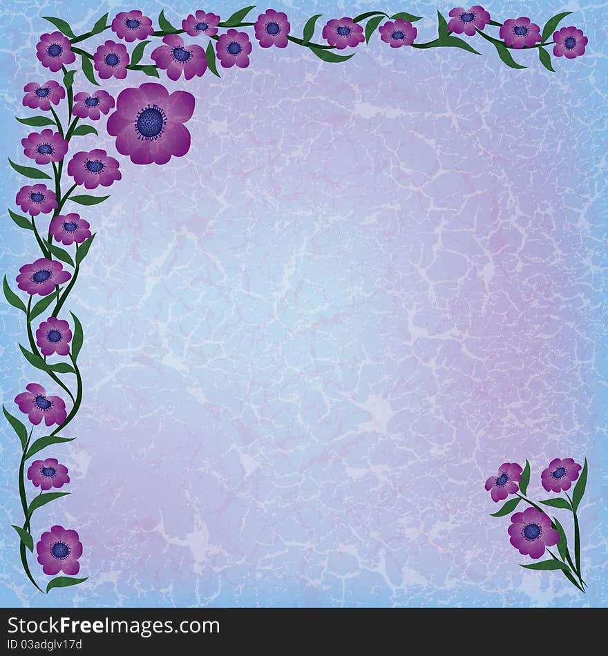 Abstract grunge illustration with pink flowers on blue. Abstract grunge illustration with pink flowers on blue