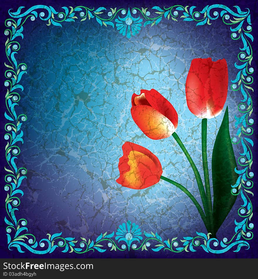 Abstract grunge illustration with red tulips on blue background. Abstract grunge illustration with red tulips on blue background