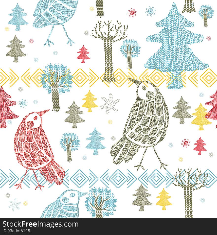 Winter forest with birds