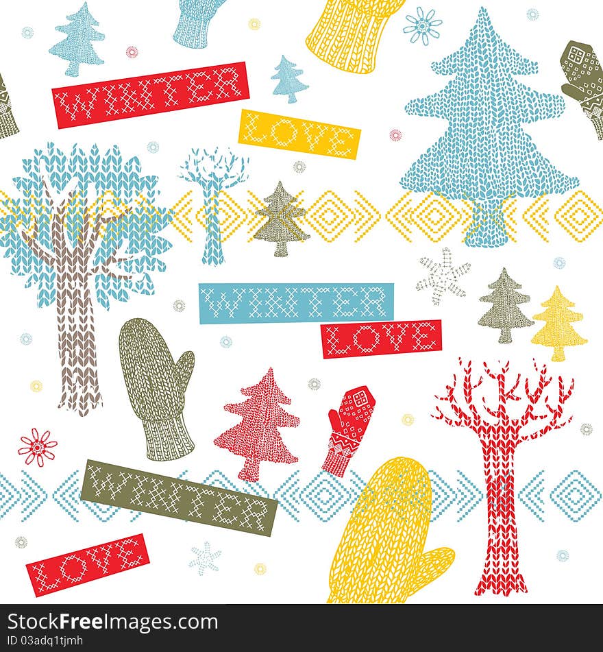 Knitting trees and mittens on white background. Knitting trees and mittens on white background