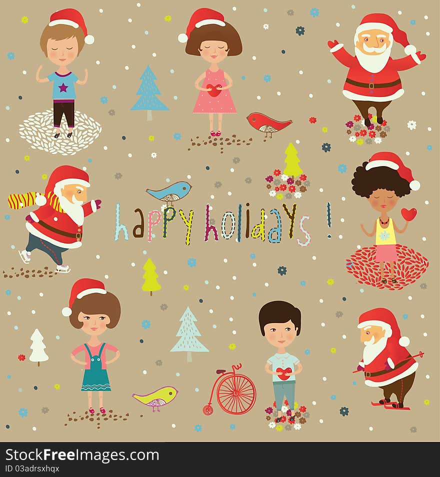 Winter Christmas Background With Kids And Santa