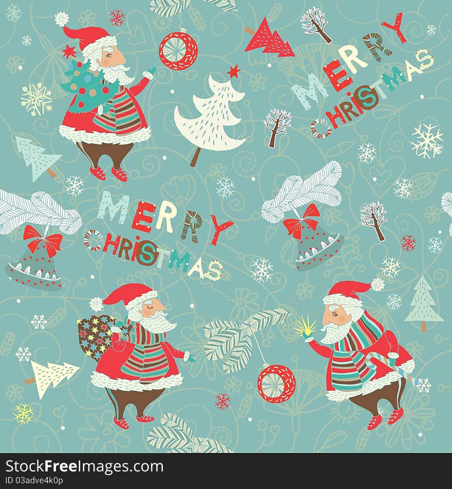 Xmas seamless background with Santa, bells and trees. Xmas seamless background with Santa, bells and trees