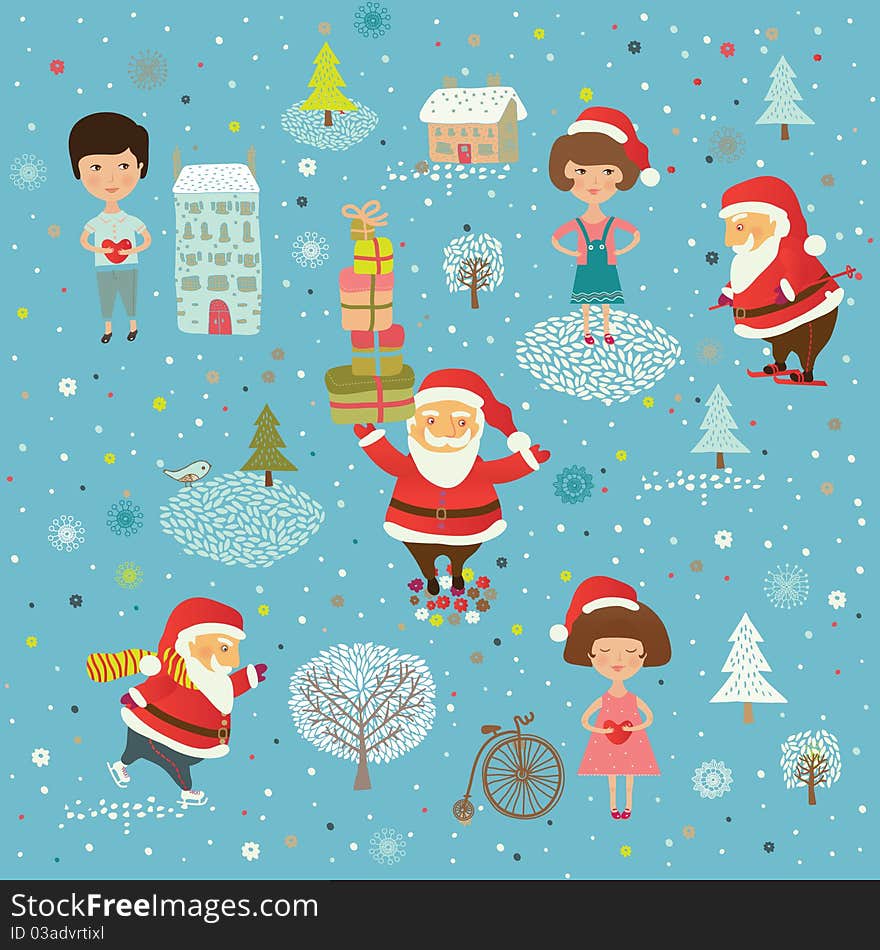 Winter Christmas Background With Kids And Santa