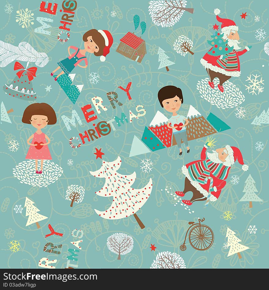 Winter Christmas background with kids and Santa