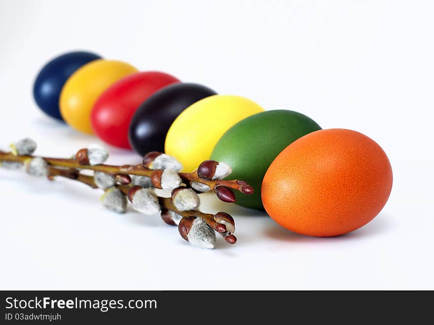 Painted Easter eggs with the twig of the catkin