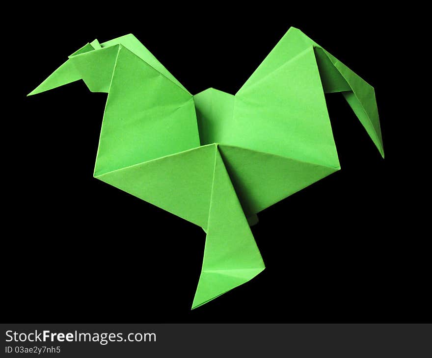 Origami green cock isolated on black