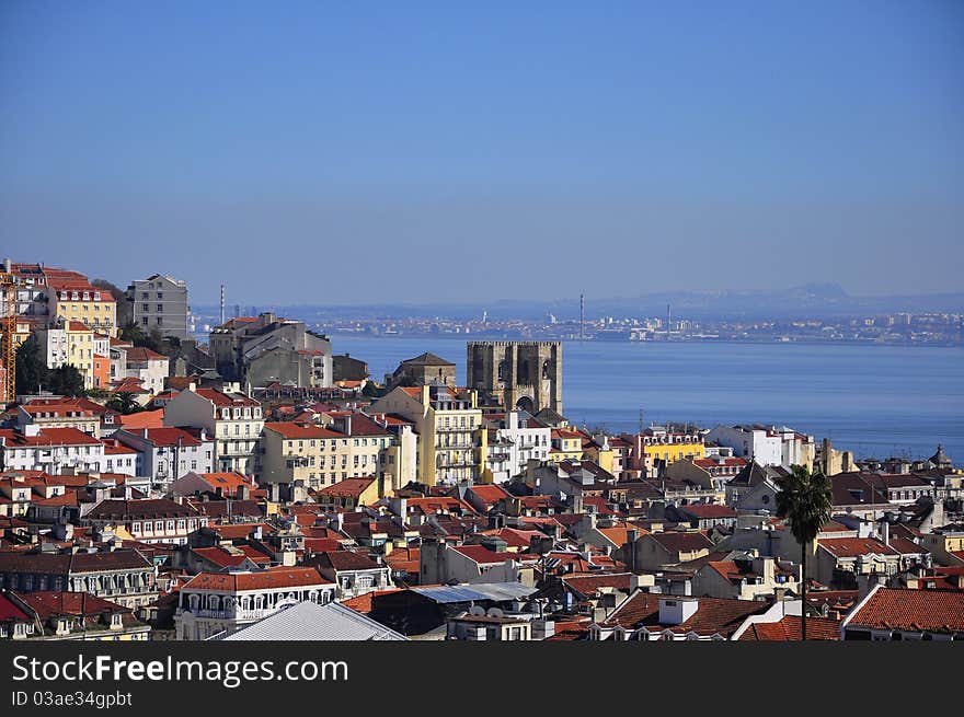 View City of Lisbon, rooftops, churches, bridges