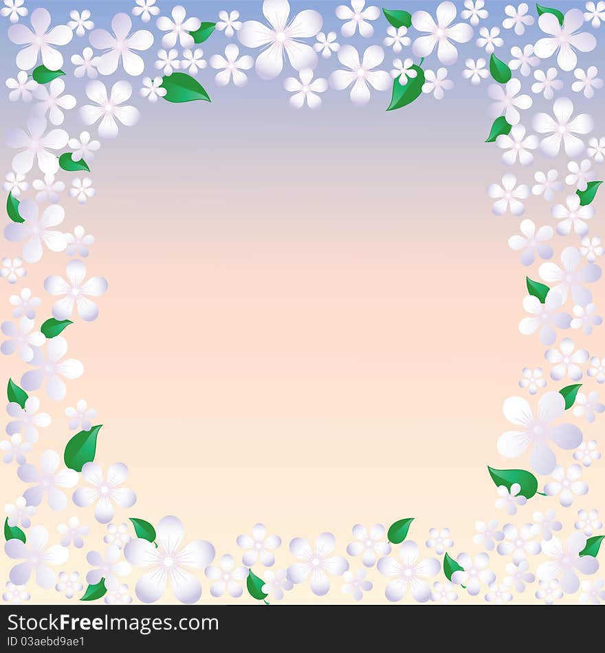 Abstract frame with spring flowers and leaves in pink and blue background. Abstract frame with spring flowers and leaves in pink and blue background.