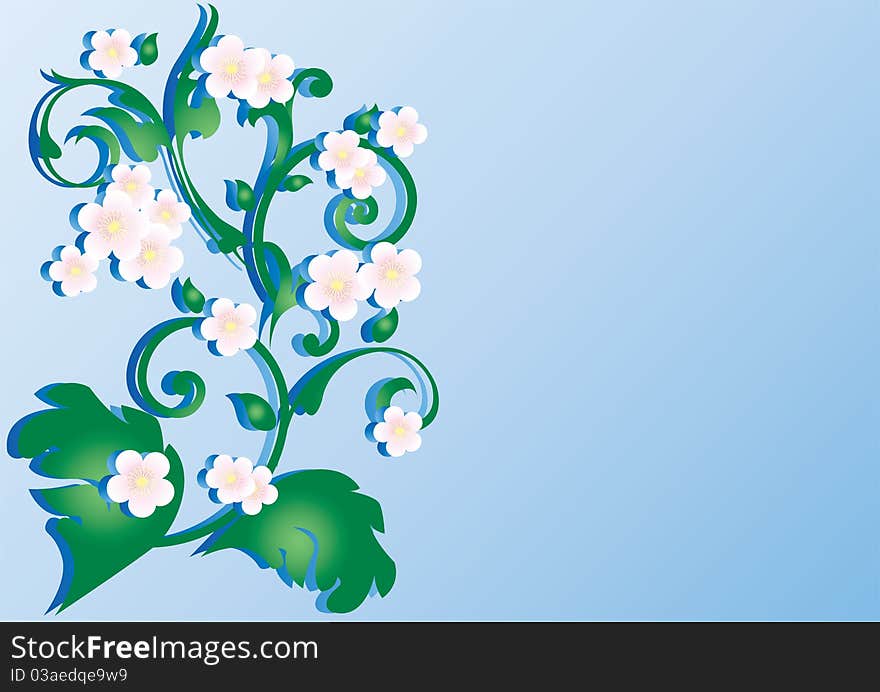 Abstract ornament with flowers and green leaves on a blue background. Abstract ornament with flowers and green leaves on a blue background.