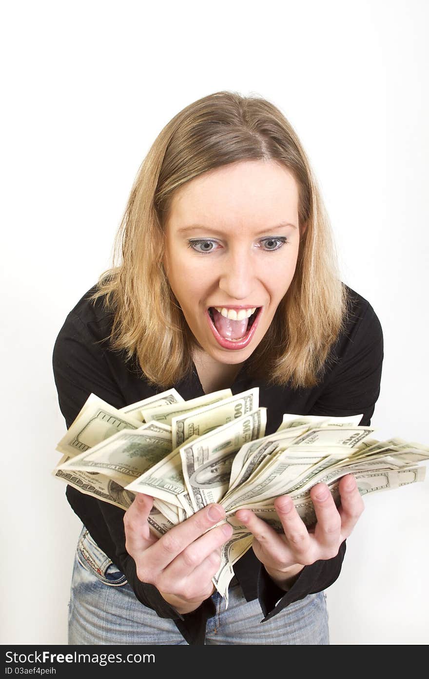 Young woman have lots of dollars in her hands