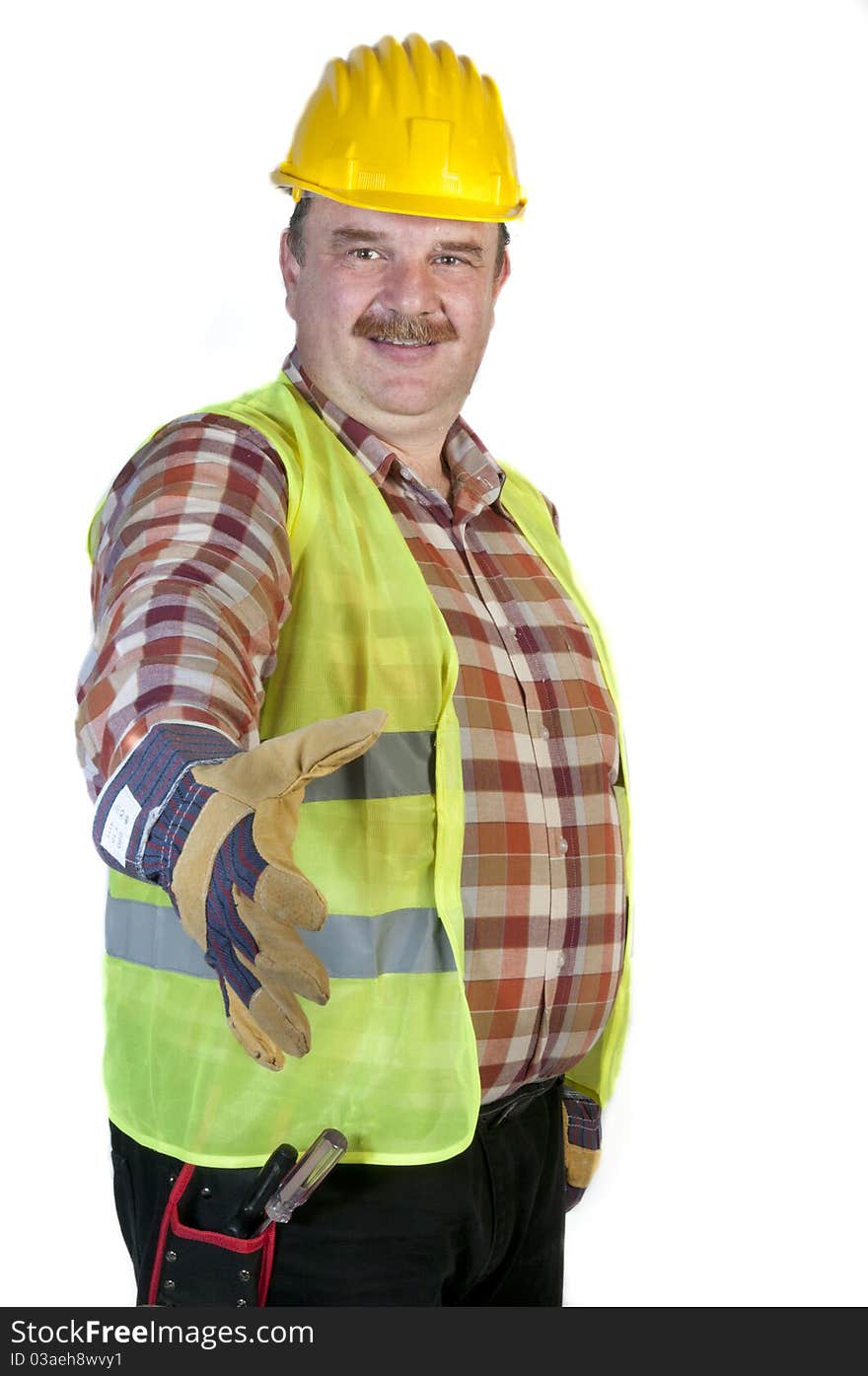 Friendly construction worker isolated on white background. Friendly construction worker isolated on white background