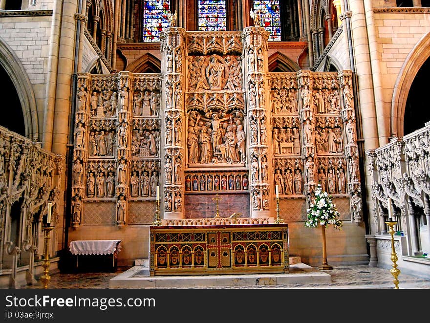 Cathedral Altar with Beautiful Carvings and Stained Glass. Cathedral Altar with Beautiful Carvings and Stained Glass