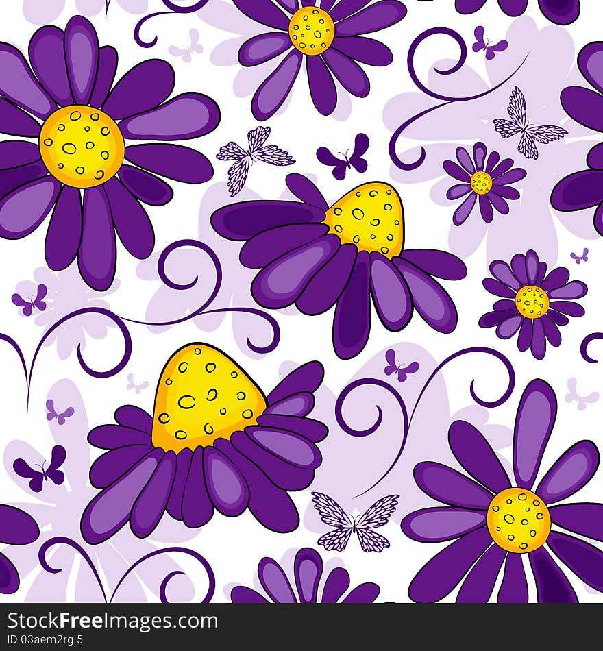 Floral seamless white-violet pattern with flowers and butterflies